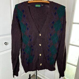 Vintage Byford Scottish Wool Argyle Cardigan Sweater Plum Purple Size Large